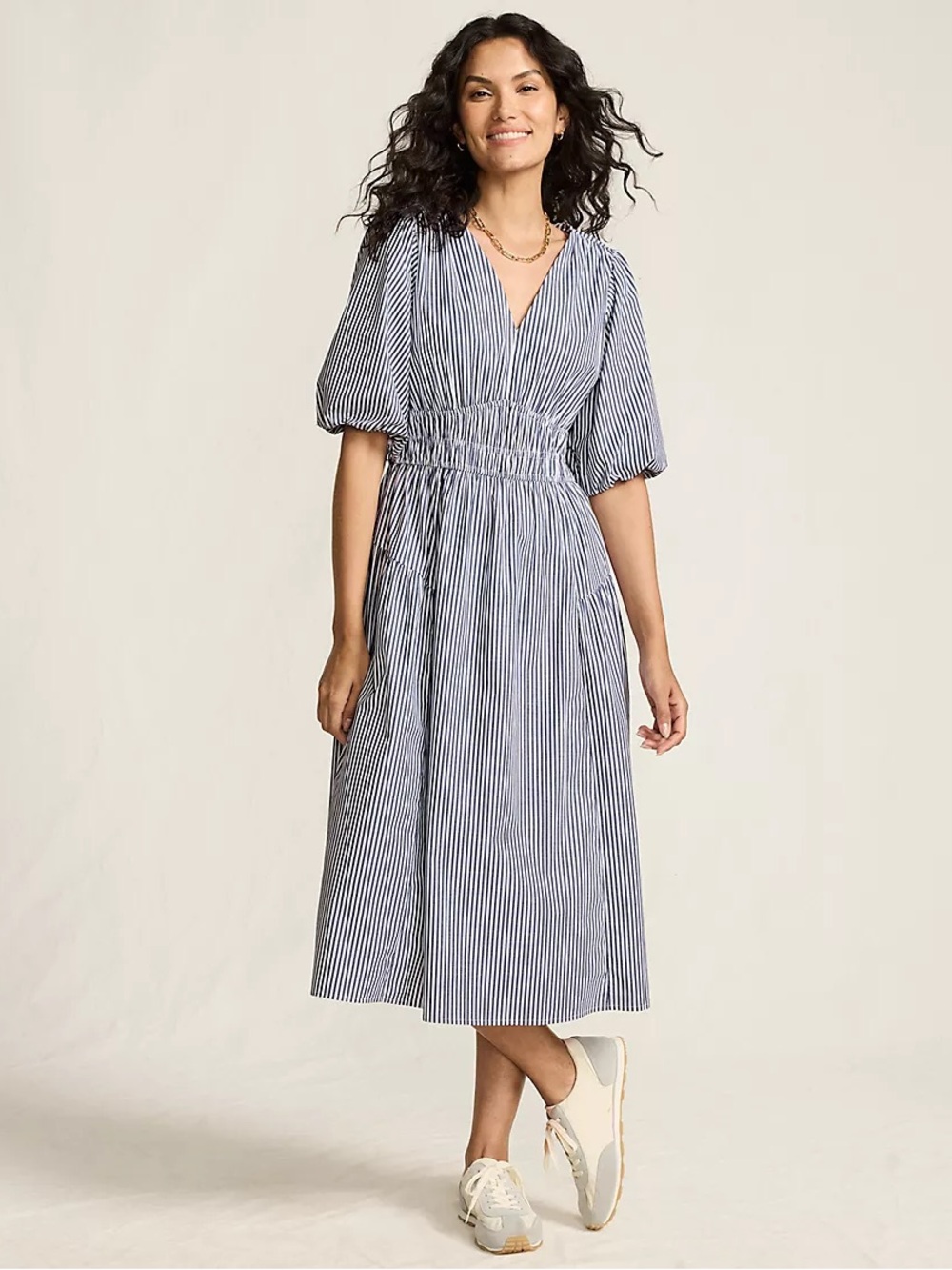 Lands End Puff Sleeve Smocked Waist V-neck Dress
